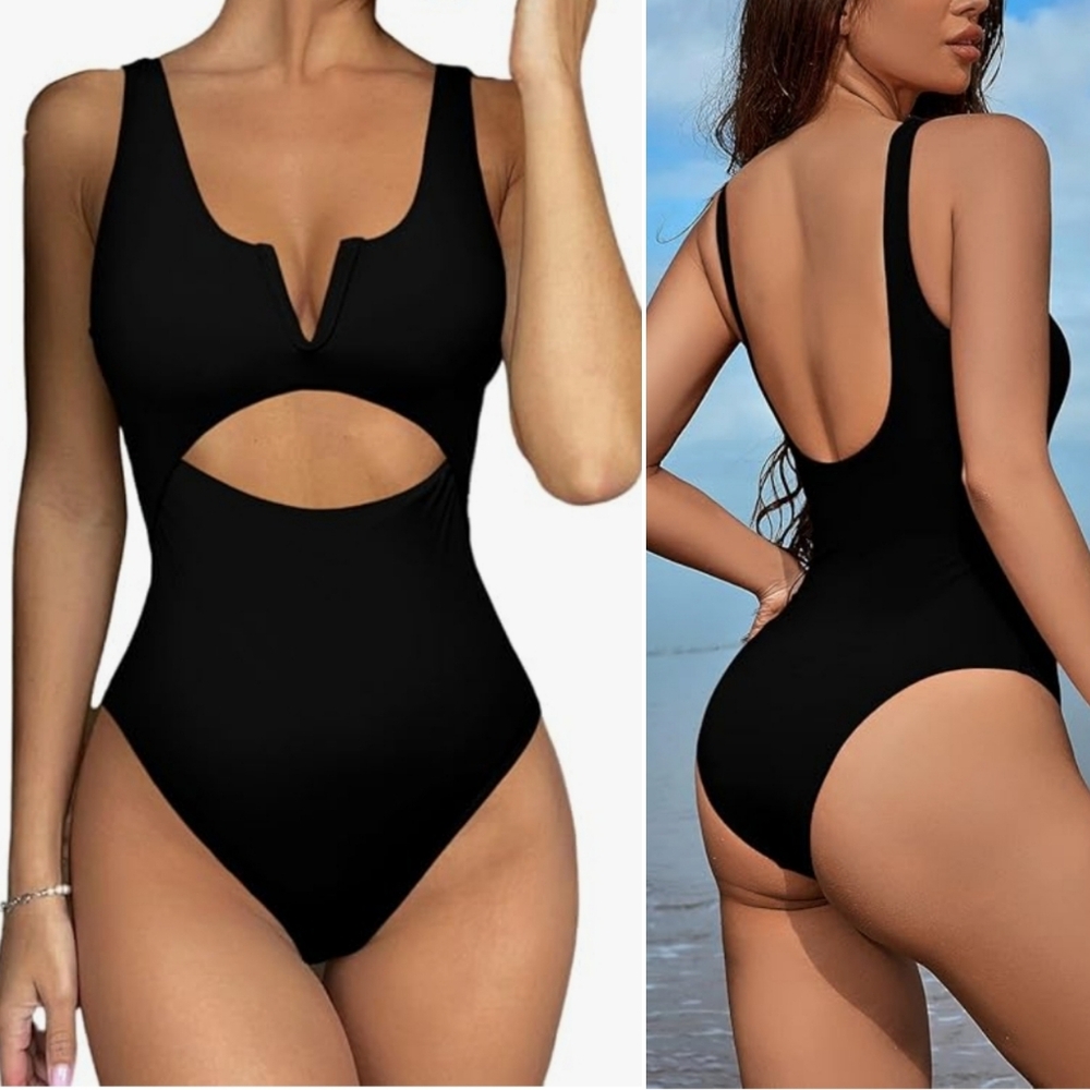Womens Elegant Black High Cut Out Push up One Piece Swimsuit Bathingsuit Swim